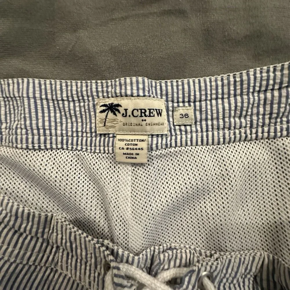 J.Crew Seersucker Board Short Mens 36 Striped Lined Swim Trunks Beach Pool Blue